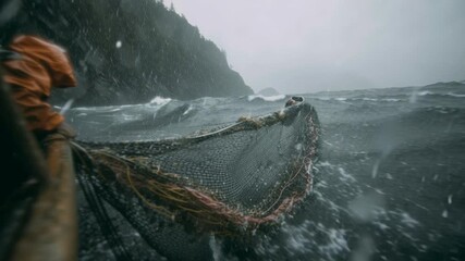 An alaskan fishing boat reeling in its net during a raging storm at sea