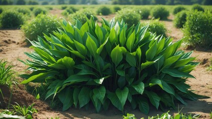 Fototapeta premium Lush green leafy plant growing in a cultivated field with other plants in the background.