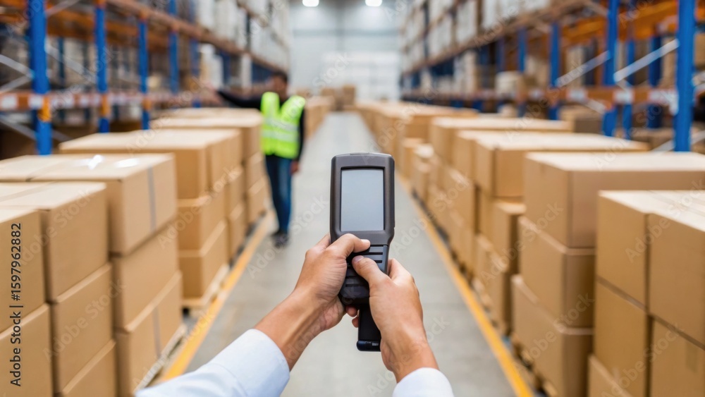Poster a person using a handheld device in a warehouse filled with stacked boxes, showcasing logistics and 
