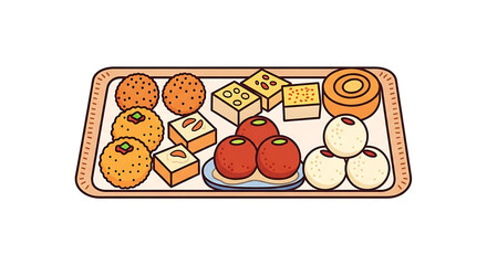 Assortment of Indian Sweets on Rectangular Tray Isolated on White Background