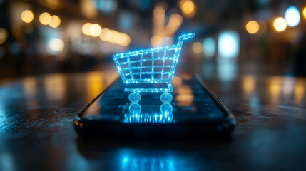 Glowing digital shopping cart icon hovers above smartphone, symbolizing online shopping and e commerce in modern, tech savvy environment