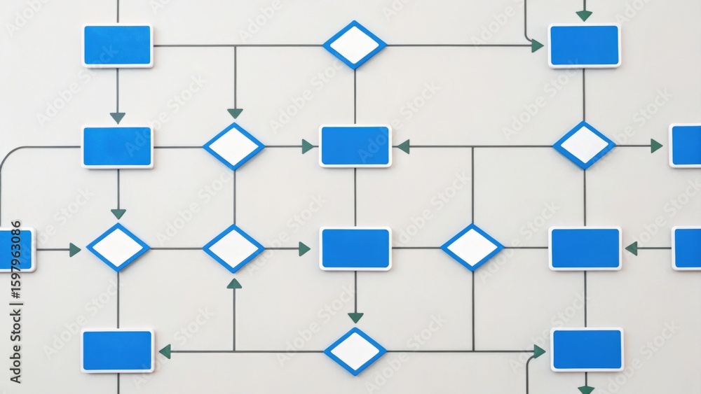 Poster flowchart depicting a structured process with blue shapes and arrows indicating directions and decis