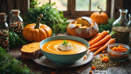 Pumpkin soup served in a bowl with carrots, bread, and pumpkins around, along with jars of spices and seeds, creating a cozy autumn harvest scene.