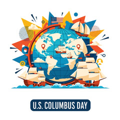 Obraz premium Columbus Day Illustration: A vibrant artistic depiction celebrates Columbus Day, with an illustrated globe, sailing ships, and a striking blend of colors representing exploration and discovery.