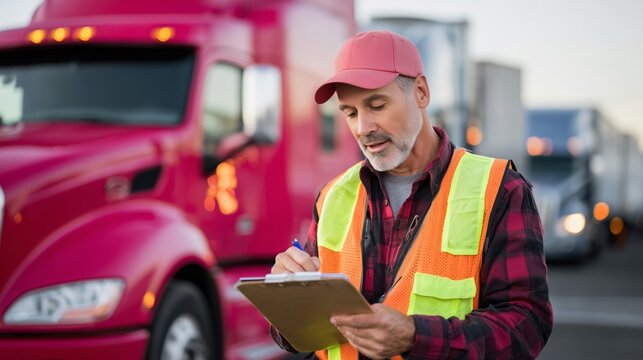 Truck driver conducts a pre-trip inspection at a transportation yard during early morning hours