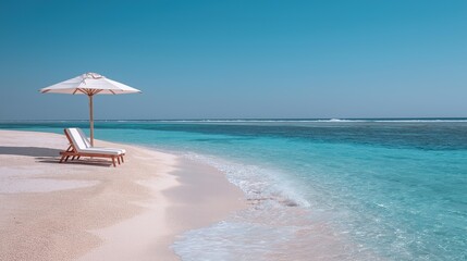 Minimalist Luxury Beach Chair and White Umbrella on North Coast – Turquoise Sea, Golden Hour Light, Peaceful and Elegant Summer Escape