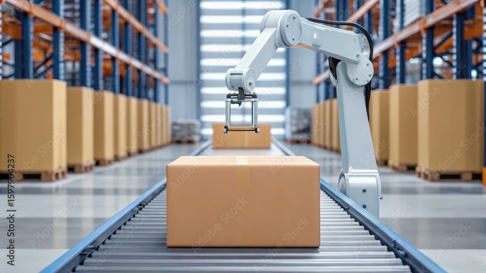 Poster a robotic arm handling packages in a modern warehouse, showcasing automation in logistics and effici