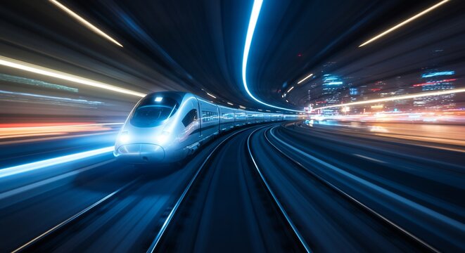 High speed train blur motion on railroad tracks futuristic mass transit