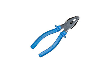 Steel pliers with blue plastic handles are isolated.