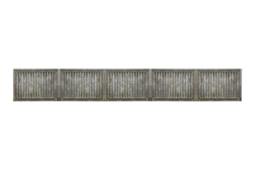 Old concrete fence segment with vertical slats is isolated.