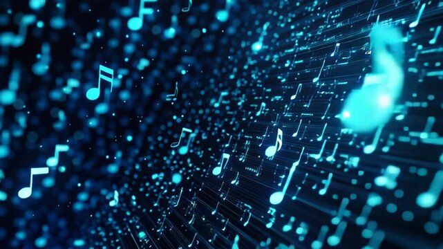 Digital neon deep blue background filled with floating and rotating glowing cyan-blue music notes with motion blur and light glow effects creating a highly rhythmic virtual music data stream