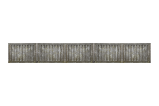 Old concrete fence segment with vertical slats is isolated.