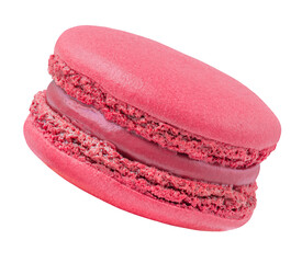 Flying Cherry macaroon isolated on white background. Falling Red French  macarons cake or macaroon cookie.
