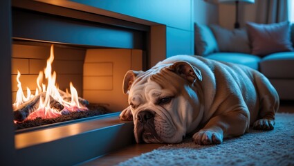 Bulldog dog lying near a fireplace in a living room, resting and relaxing by the fire. Cozy home setting. Comfort and relaxation with pets.