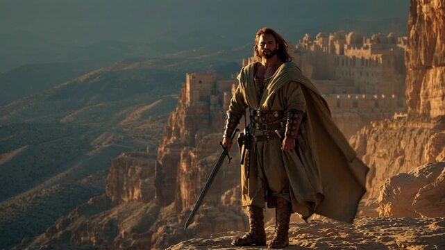 Epic medium shot of a warrior resembling Joshua a Hebrew man wearing an olive-colored tunic standing on a rocky ridge sword in hand wind blowing his cloak