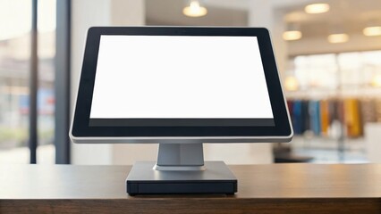Modern touchscreen monitor on a wooden counter in a retail environment, featuring a blank screen ready for content display.