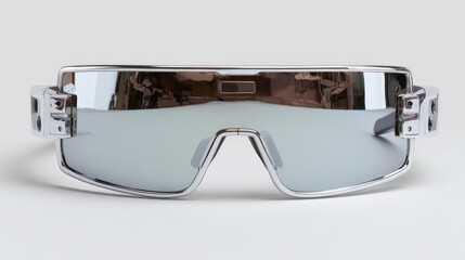 Flat lay of sci-fi sunglasses with reflective lens on white surface