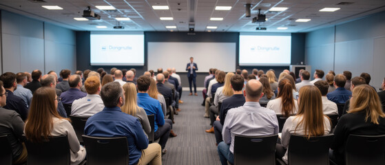 Engaging business presentation in modern conference room with large audience. speaker captivates attendees with insightful content