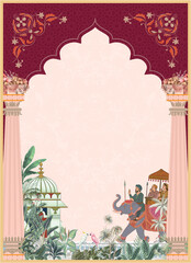 Naklejka premium Mughal style wedding invitation floral patterns, traditional architecture, and an elegant elephant procession. template