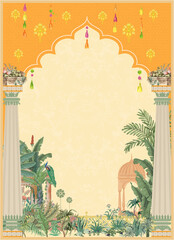 Vibrant Haldi Night invitation card template, Mughal architecture, lush greenery, and festive decorations in warm yellow and orange tones_ © Naeem