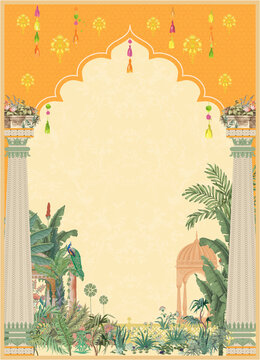 Vibrant Haldi Night invitation card template, Mughal architecture, lush greenery, and festive decorations in warm yellow and orange tones_