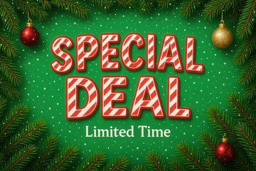 Festive holiday-themed design featuring "Special Deal" text with candy cane stripes on a green background, adorned with fir branches and red and gold ornaments highlighting a limited-time offer.