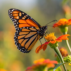 Fototapeta premium Macro Closeup of Monarch Butterfly Perched on Colourful Wildflower, Detailed Monarch Butterfly on Vibrant Flower Petals Close-up, High Resolution Macro Shot of Monarch Butterfly Feeding on Bloom