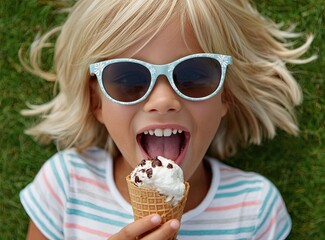 A young girl wearing sunglasses eats an ice cream cone with chocolate and marshmallow toppings while lying in the park.
