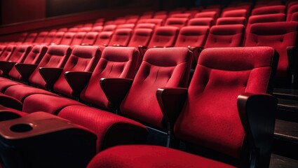 Fototapeta premium Empty theater seats with red upholstery in a dimly lit auditorium.
