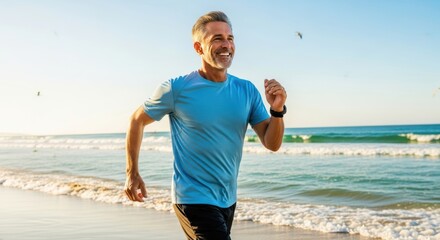 Senior man jogging on sunny beach - enjoying fitness and ocean breeze