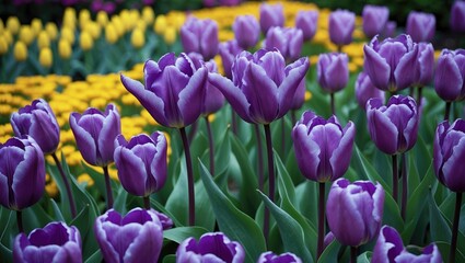 Fototapeta premium Purple tulips in a garden with yellow flowers in the background. Spring flowers and vibrant colors in nature. The scene of blooming flowers and garden landscape.
