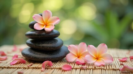 Stacked Smooth Black Stones with Pink and Yellow Frangipani Flowers on Bamboo Mat in Garden Setting