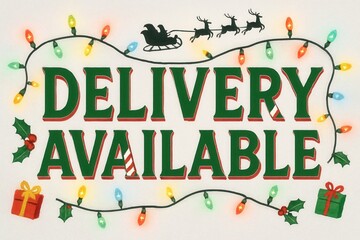 Festive holiday sign with "Delivery Available" in bold green and red letters, surrounded by colorful Christmas lights, holly, gifts, and a silhouette of a sleigh with reindeer.