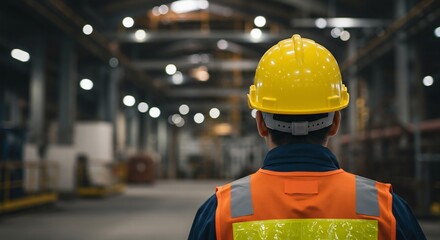 Industrial worker wearing protective gear standing in factory rear view