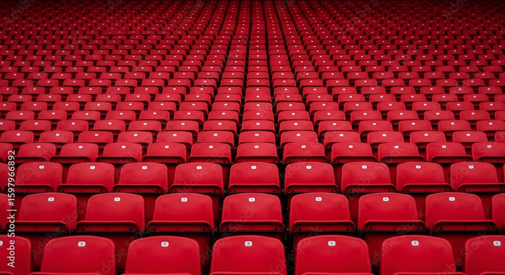 Poster infinite rows of symmetrical red seating pattern in a large auditorium or venue