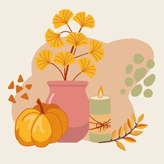 Vector illustration featuring fall-themed arrangement: yellow pumpkin, green candle, pink vase with ginkgo leaves. Great for greeting cards, posters, packaging, social media, or autumn branding.