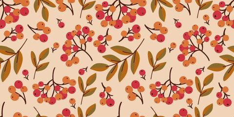 Seamless floral pattern of rowan leaves and red ripe berries on  light background. For prints of fabrics, textiles, packaging.