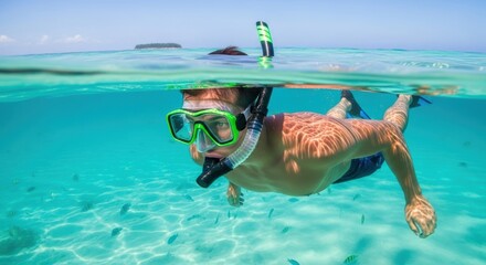 Snorkeler exploring vibrant underwater world in clear turquoise waters