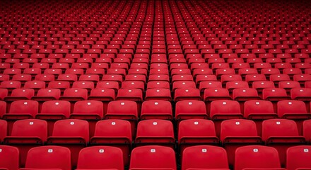 Fototapeta premium Infinite rows of symmetrical red seating pattern in a large auditorium or venue