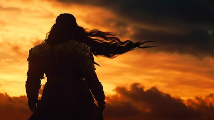The silhouette of the Arjun from Mahabharatha flowing black hair often tied back for battle wearing a warriors armour regal robes before in battle standing in front of an ominous sky cinematic