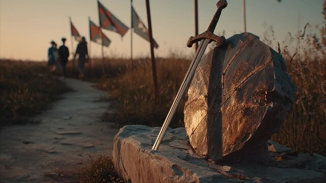 Symbolic scene_ broken sword and shield placed atop a memorial stone