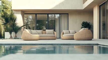 Modern wicker patio furniture set by a pool beige cushions minimalist design
