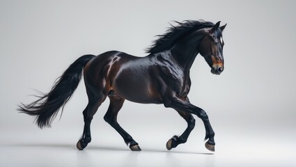 Fototapeta premium A dark brown or black horse running on a plain with a light background.