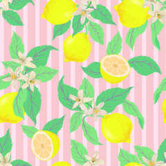 Lemon tropic summer background. Seamless vector botanical pattern. Textile print.	