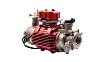 Close up shot of a red and silver engine on a black isolated background