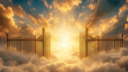 A majestic vision of heavens golden gates parting amidst celestial clouds, revealing a divine light symbolizing eternal salvation and peace. - Powered by Adobe