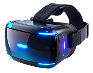   Futuristic VR Headset with Neon Accents and Holographic UI Overlay, Angled Perspective, Isolated on Transparent Background.