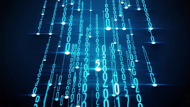Blue binary code streaming downward in digital rain matrix style