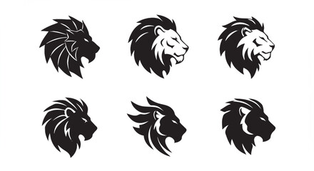 Obraz premium A vector icon sheet featuring a curated set of lion head logo designs with an elegant yet simple approach. 