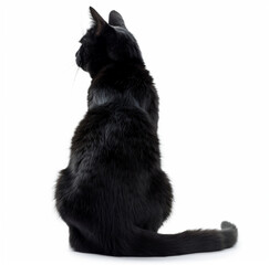 Obraz premium a black cat sitting upright on its hind legs, rear view, sleek fur, tail curled slightly, isolated on a white background, minimalist.